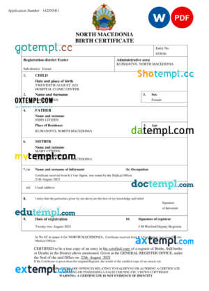 editable template, North Macedonia vital record birth certificate Word and PDF template, completely editable