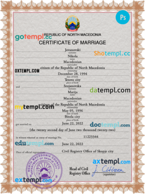 editable template, North Macedonia marriage certificate PSD template, fully editable