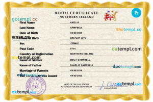 editable template, Northern Ireland vital record birth certificate PSD template, fully editable