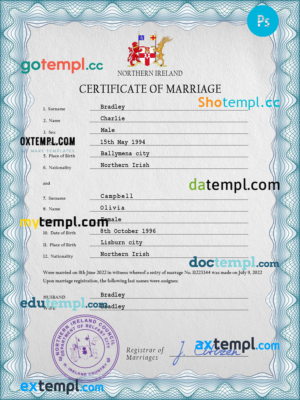 editable template, Northern Ireland marriage certificate PSD template, completely editable