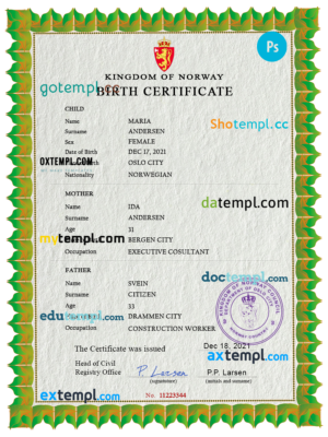 editable template, Norway birth certificate PSD template, completely editable