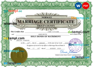 editable template, Norway marriage certificate Word and PDF template, fully editable