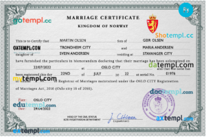 editable template, Norway marriage certificate PSD template, fully editable
