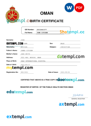 editable template, Oman birth certificate Word and PDF template, completely editable