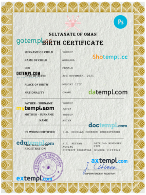 editable template, Oman vital record birth certificate PSD template
