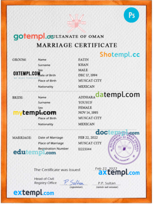 editable template, Oman marriage certificate PSD template, completely editable