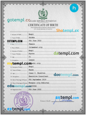 editable template, Pakistan vital record birth certificate PSD template, fully editable