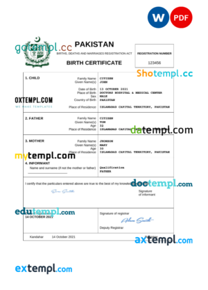 editable template, Pakistan vital record birth certificate Word and PDF template, completely editable