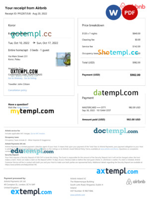 editable template, Palau Airbnb booking confirmation Word and PDF template