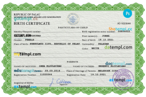 editable template, Palau birth certificate PSD template, completely editable