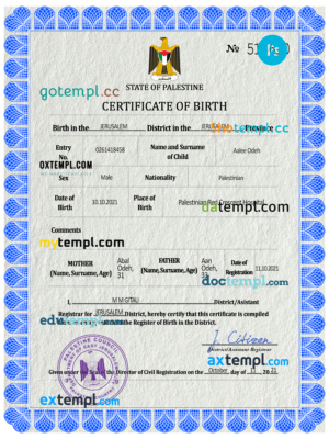 editable template, Palestine vital record birth certificate PSD template