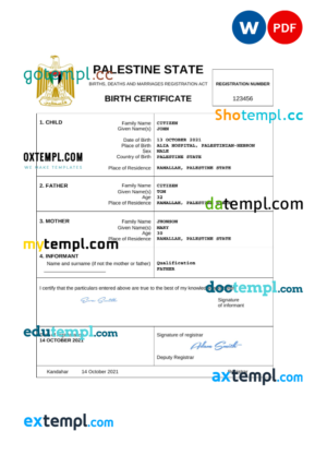 editable template, Palestine vital record birth certificate Word and PDF template, completely editable