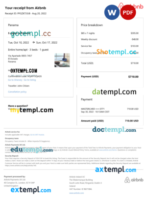 editable template, Panama Airbnb booking confirmation Word and PDF template