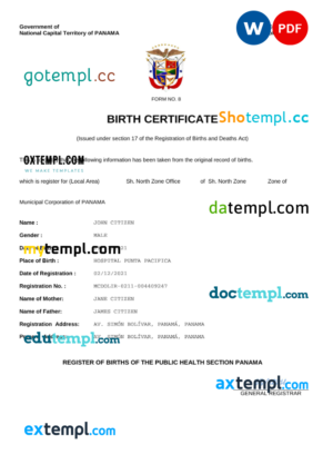 editable template, Panama birth certificate Word and PDF template, completely editable