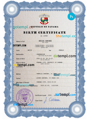editable template, Panama vital record birth certificate PSD template, fully editable