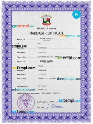 editable template, Panama marriage certificate PSD template, completely editable
