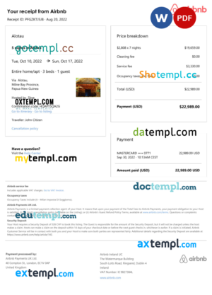 editable template, Papua New Guinea Airbnb booking confirmation Word and PDF template