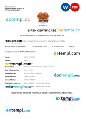 editable template, Papua New Guinea vital record birth certificate Word and PDF template, completely editable