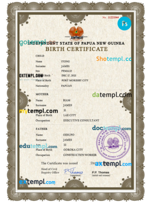 editable template, Papua New Guinea birth certificate PSD template, completely editable