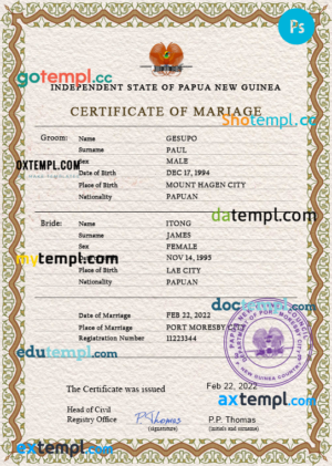 editable template, Papua New Guinea marriage certificate PSD template, fully editable