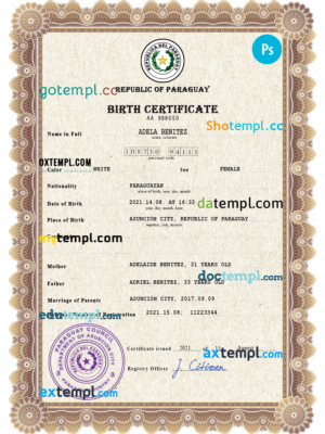 editable template, Paraguay vital record birth certificate PSD template