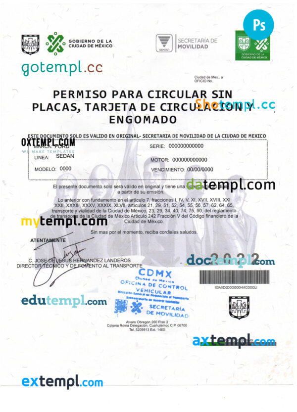 editable template, Mexico Permiso Para Circular Sin Placas PSD template, fully editable