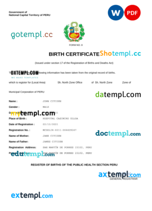 editable template, Peru birth certificate Word and PDF template, completely editable