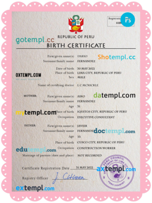 editable template, Peru vital record birth certificate PSD template, fully editable