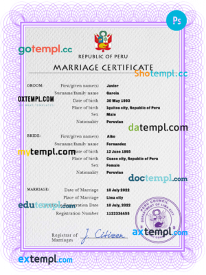 editable template, Peru marriage certificate PSD template, fully editable