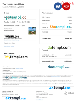 editable template, Philippines Airbnb booking confirmation Word and PDF template