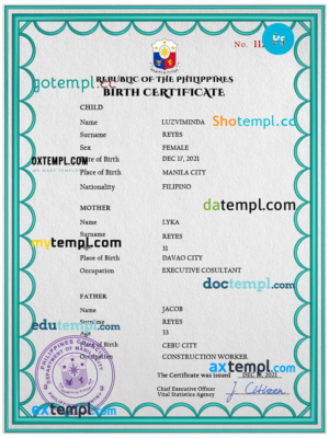 editable template, Philippines birth certificate PSD template, completely editable