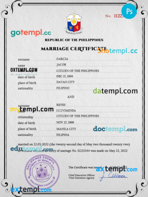 editable template, Philippines marriage certificate PSD template, completely editable