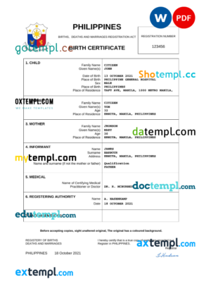 editable template, Philippines vital record birth certificate Word and PDF template, completely editable