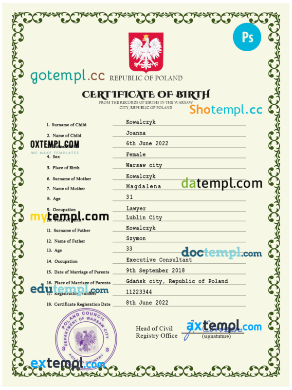 editable template, Poland vital record birth certificate PSD template
