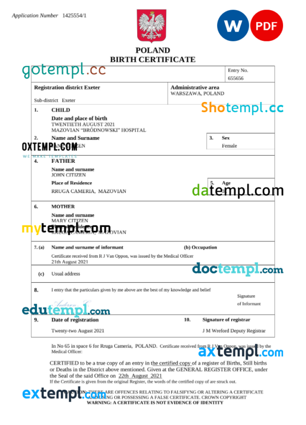 editable template, Poland vital record birth certificate Word and PDF template, completely editable