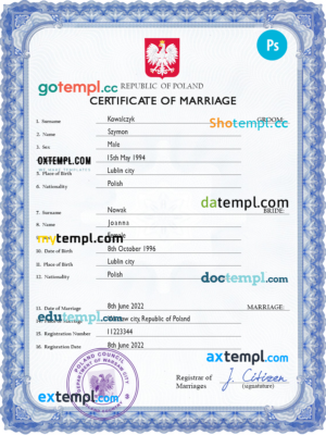 editable template, Poland marriage certificate PSD template, completely editable