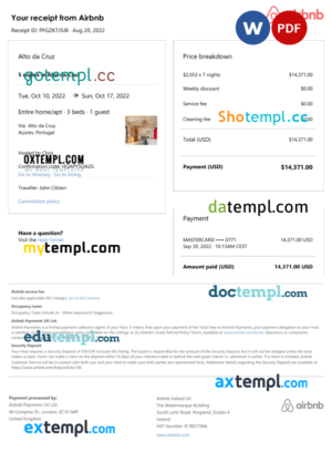 editable template, Portugal Airbnb booking confirmation Word and PDF template