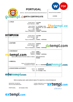 editable template, Portugal birth certificate Word and PDF template, completely editable