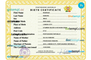 editable template, Portugal vital record birth certificate PSD template, fully editable
