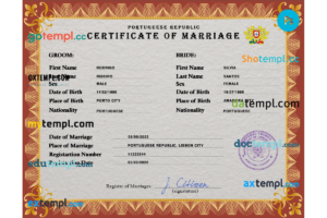 editable template, Portugal marriage certificate PSD template, fully editable
