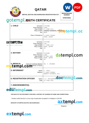 editable template, Qatar vital record birth certificate Word and PDF template, completely editable