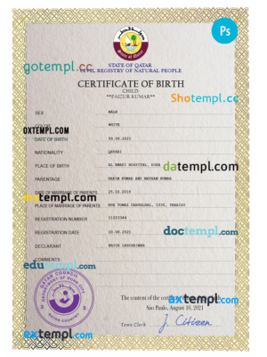 editable template, Qatar birth certificate PSD template, completely editable