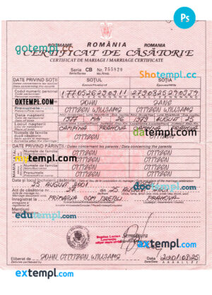 editable template, ROMANIA vital record marriage certificate PSD template