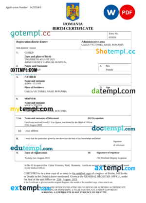 editable template, Romania birth certificate Word and PDF template, completely editable