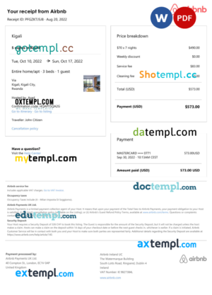 editable template, Rwanda Airbnb booking confirmation Word and PDF template