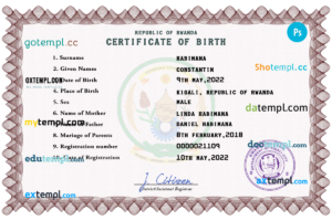 editable template, Rwanda birth certificate PSD template, completely editable