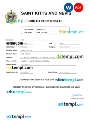 editable template, Saint Kitts and Nevis vital record birth certificate Word and PDF template, completely editable