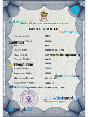 editable template, Saint Kitts vital record birth certificate PSD template
