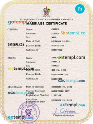 editable template, Saint Kitts and Nevis marriage certificate PSD template, fully editable