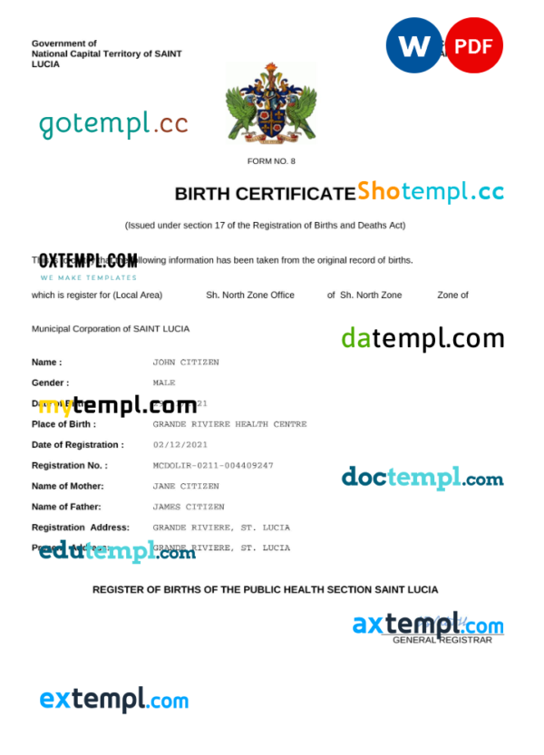 editable template, Saint Lucia birth certificate Word and PDF template, completely editable
